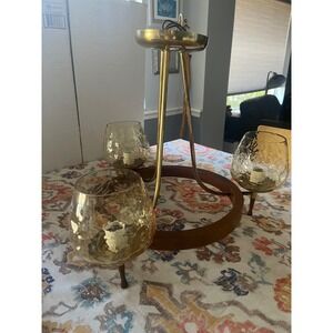 Vtg Bent Brass & Walnut Danish Modern 3-light Champagne Glass Shades Chandelier